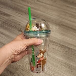 🐻 Festive Reindeer Tumbler with Green Straw